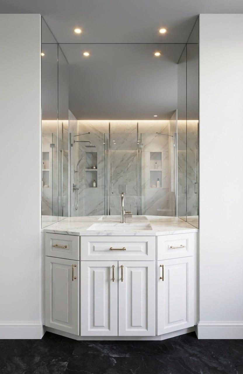 Marble corner shower with a floating vanity