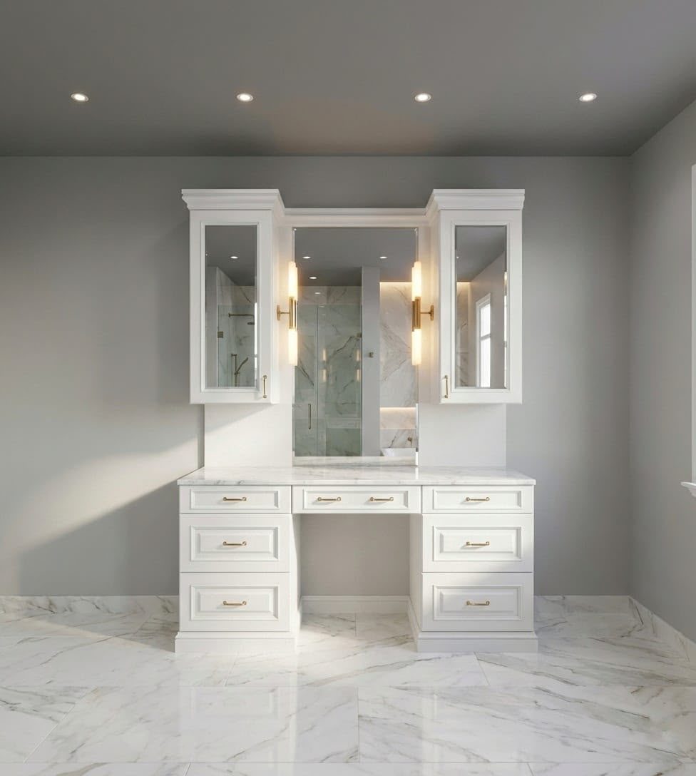 Custom marble bathroom with a bespoke vanity and wall sconces