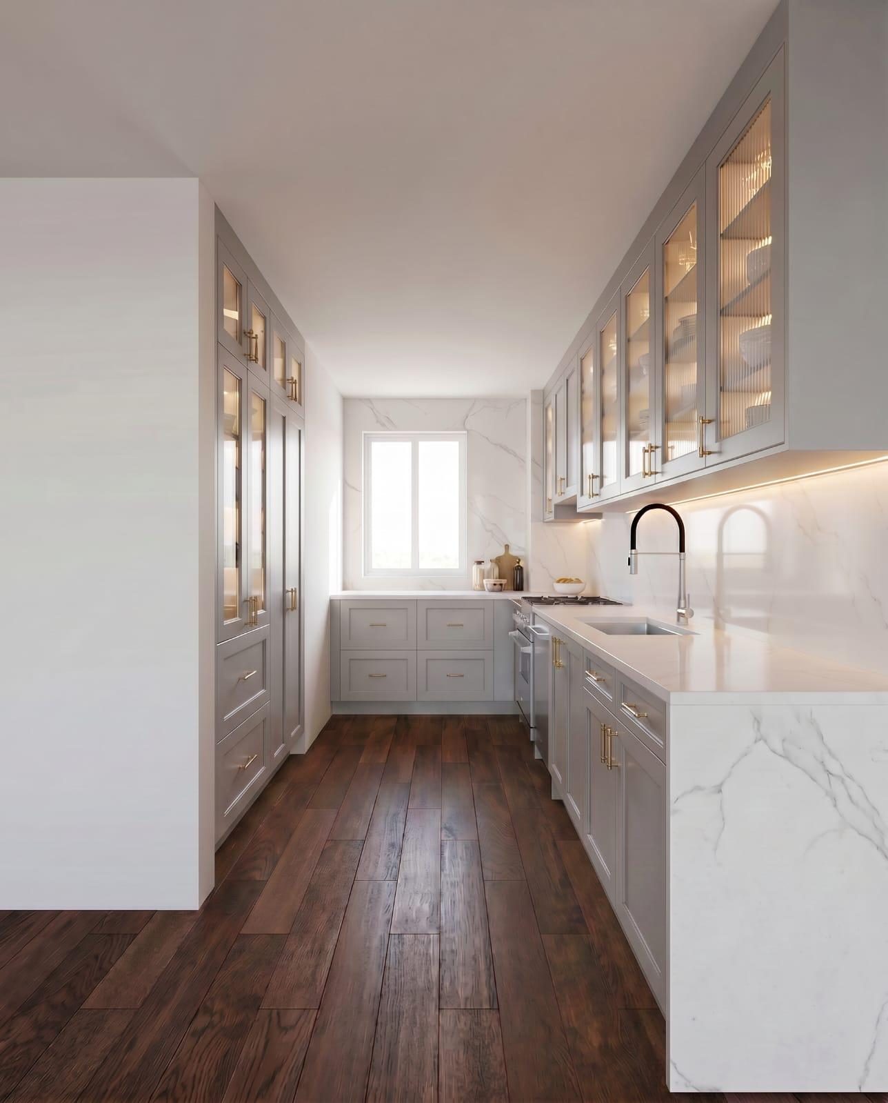 Galley kitchen with marble surfaces and hardwood flooring