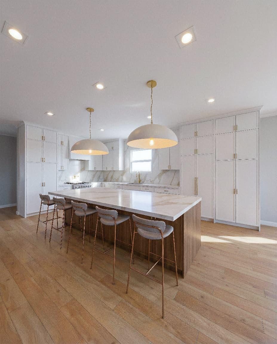 Full custom kitchen with island, pendant lighting and hardwood floor