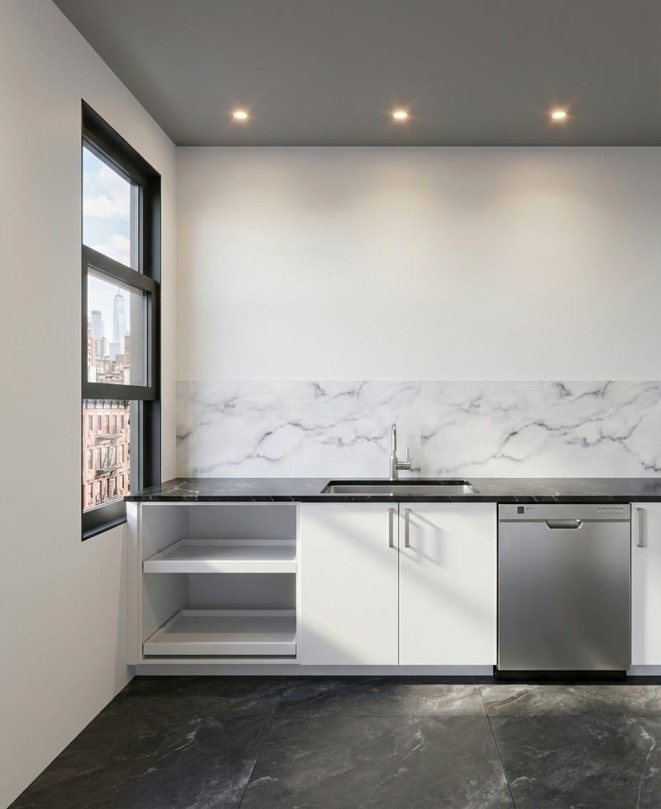 Kitchenette with a full marble backsplash and integrated appliances