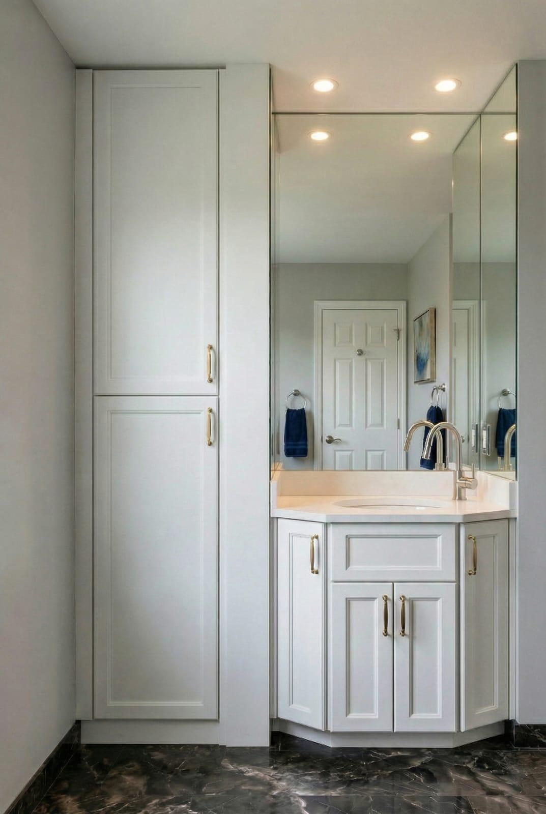 Floor-to-ceiling custom cabinetry with an integrated mirror